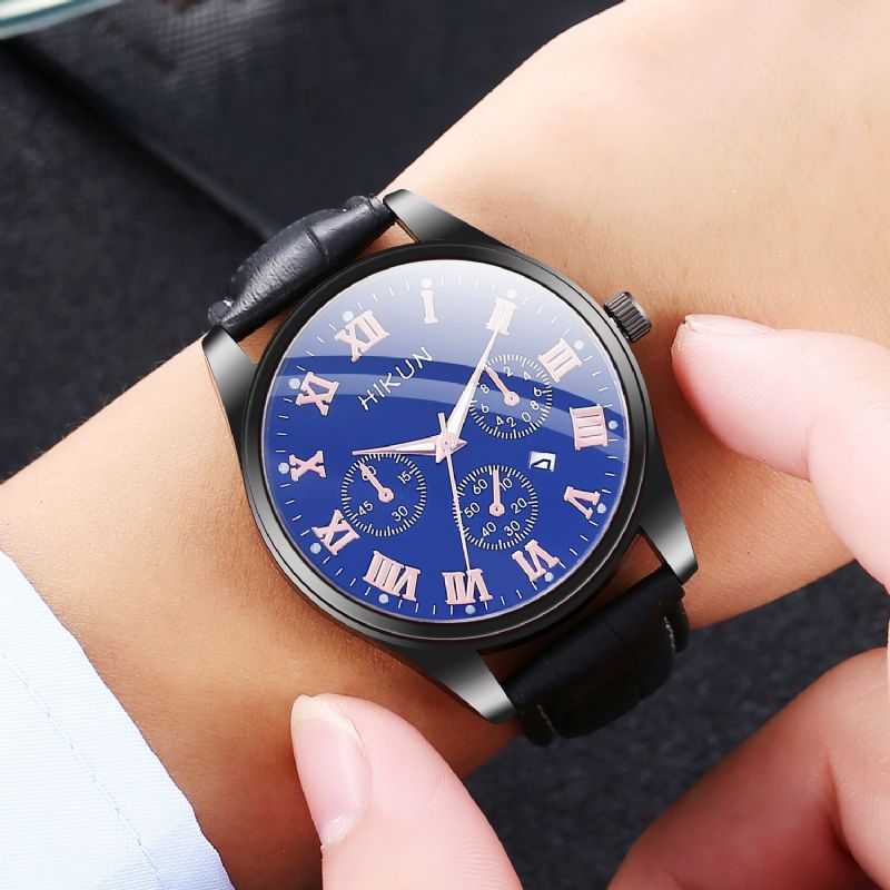 Zakelijk Casual Grote Eenvoudige Wijzerplaat Pu Lederen Band Heren Quartz Horloge