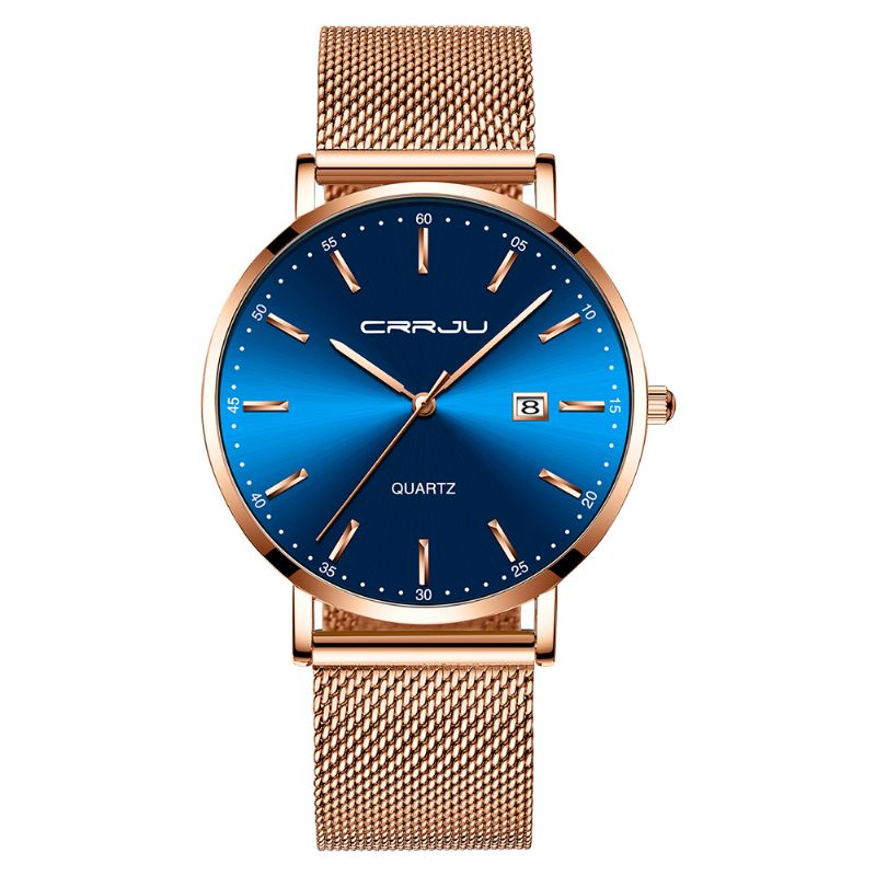 Zakelijke Stijl Datumweergave Luxe Blauwe Wijzerplaat Volledig Stalen Band Heren Quartz Horloge
