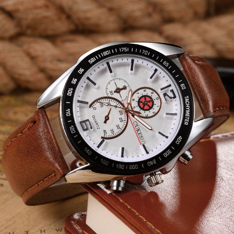 Zakelijke Stijl Heren Polshorloge Versieren Drie Wijzerplaten Lederen Band Quartz Horloges