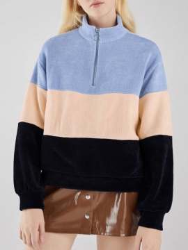 Casual Opstaande Kraag Corduroy Sweatshirt Met Kleurvlakken