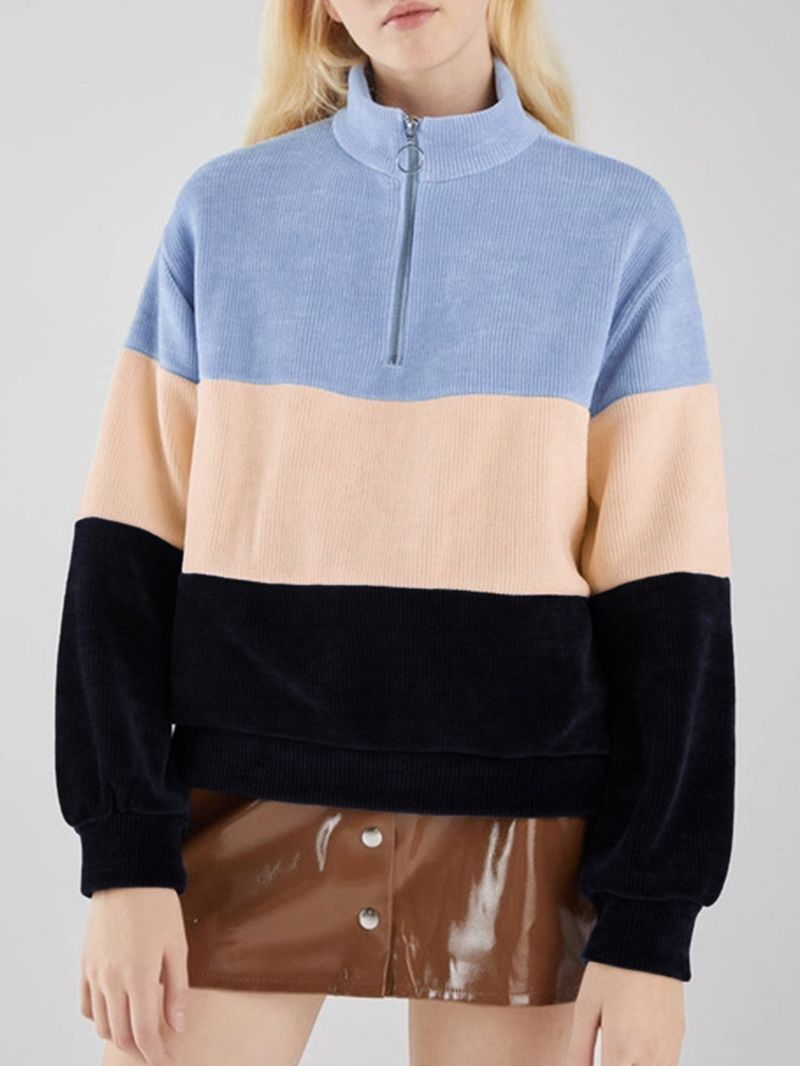Casual Opstaande Kraag Corduroy Sweatshirt Met Kleurvlakken