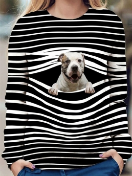 Dames 3d Dog & Stripe Print O-hals Pullover Casual Sweatshirts