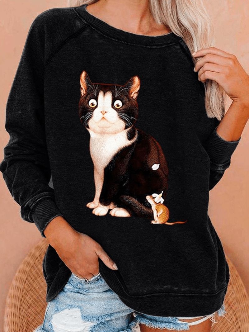 Dames Cute Kat Graphics Ronde Hals Casual Sweatshirts Met Raglanmouwen