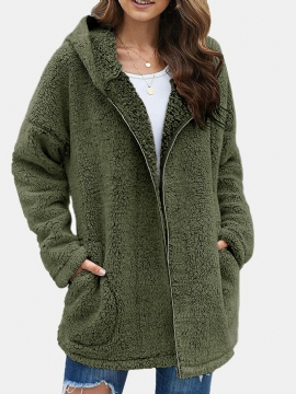 Dames Fluffy Solid Full Zipper Hood Side Pocket Lange Mouwen Warm Casual Hooded Sweatshirts