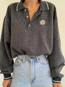 Dames Grappige Sun Button Revers Casual Loose Fit Sweatshirt Met Lange Mouwen