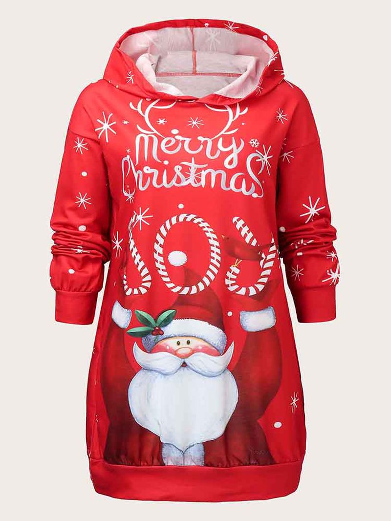 Dames Kerst Kerstman Patroon Zijzakken Casual Sweatshirt Met Lange Mouwen En Capuchon