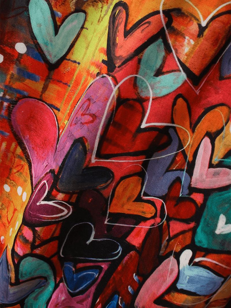 Dames Kleurrijke Graffiti Hart Print Hoodie Met Lange Mouwen En Trekkoord Met Kangoeroezak