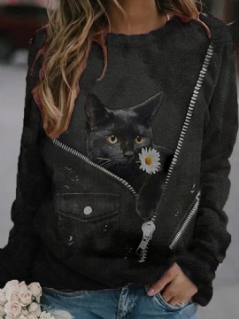 Dames Leuke Zwarte Kattenprint O-hals Casual Sweatshirts Met Lange Mouwen