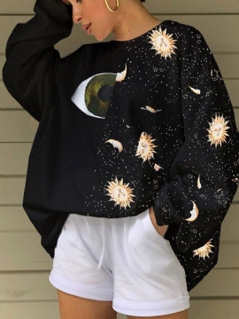Dames Starry Sky & Eye Graphics Patchwork Zwarte Pullover Losse Sweatshirts