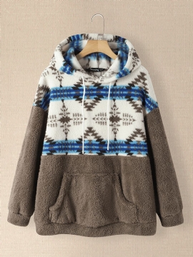 Dames Tribal Patroon Patchwork Trekkoord Casual Homewear Lam Losse Hooded Sweatshirt