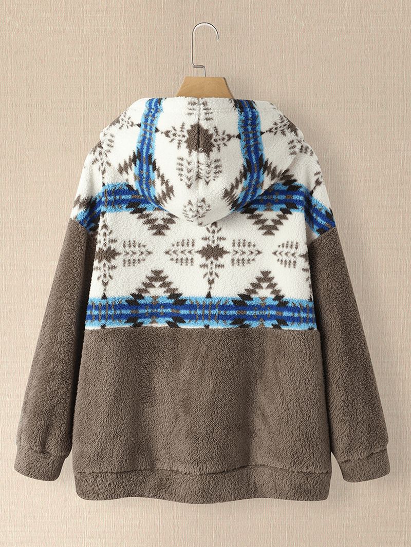 Dames Tribal Patroon Patchwork Trekkoord Casual Homewear Lam Losse Hooded Sweatshirt