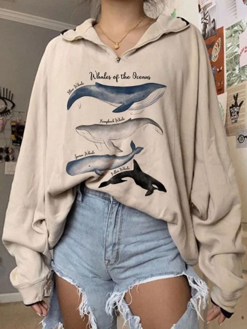 Dames Variety Whale Print Losse Pullover Sweatshirts Met Lange Mouwen