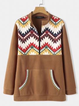 Dames Vintage Geometrische Print Half Zip Polar Fleece Sweatshirts Met Pouch Pocket