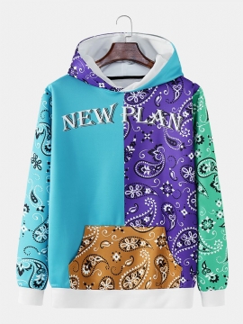 Heren Paisley Patchwork Contrast Kleur Kangoeroe Zak Letter Hooded Sweatshirt