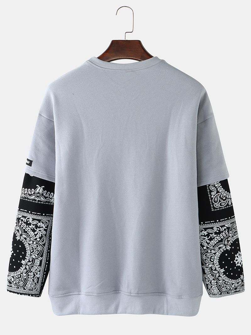Heren Patchwork Paisley Print Faux Twinset Pullover Drop Shoulder Sweatshirts