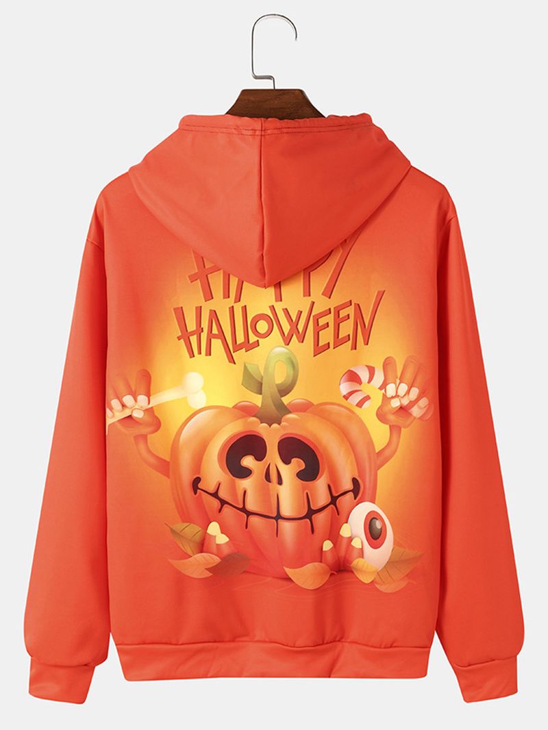 Heren Pumpkin Letter-hoodies Met Kangoeroezak