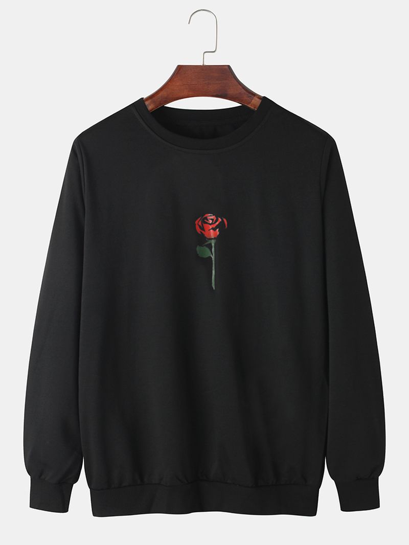 Heren Rose Print Ronde Hals Pullover Lange Mouw Eenvoudige Katoenen Sweatshirts