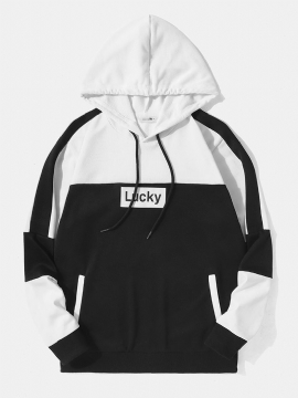 Mannen Lucky Letter Patchwork Zakken Trekkoord Casual Hooded Sweatshirt