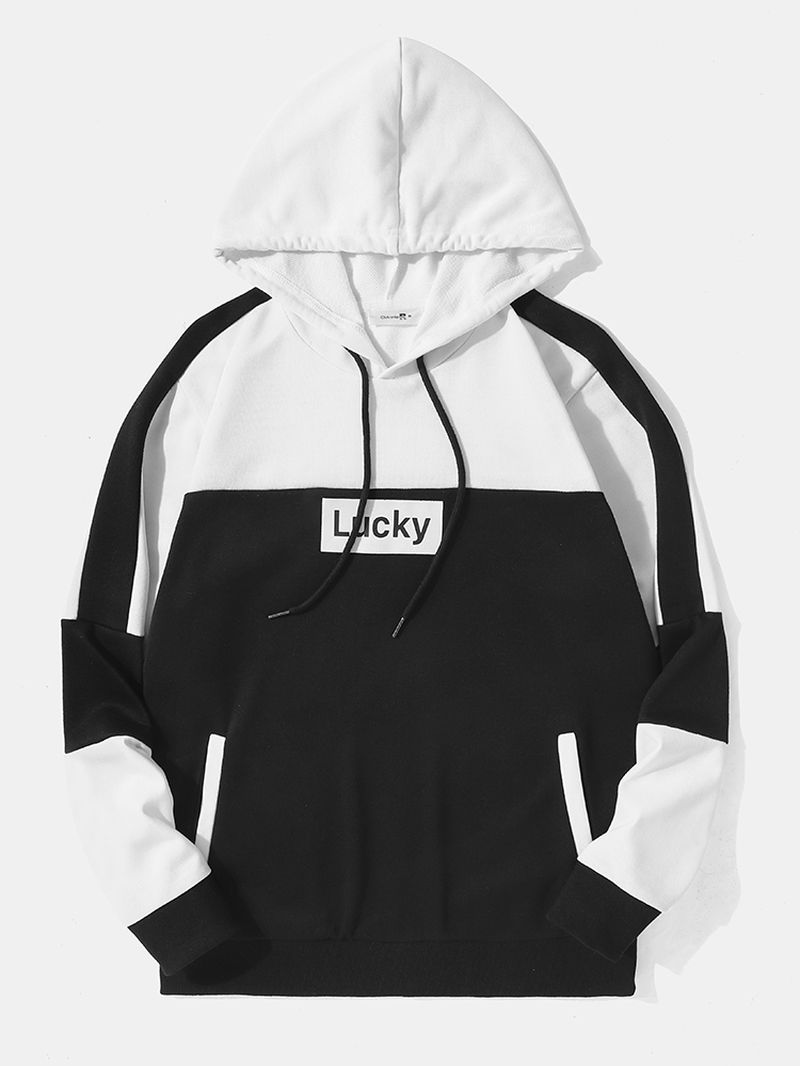 Mannen Lucky Letter Patchwork Zakken Trekkoord Casual Hooded Sweatshirt