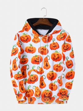 Pumpkin Monster Print Casual Sweatshirt Met Insteekzak En Capuchon