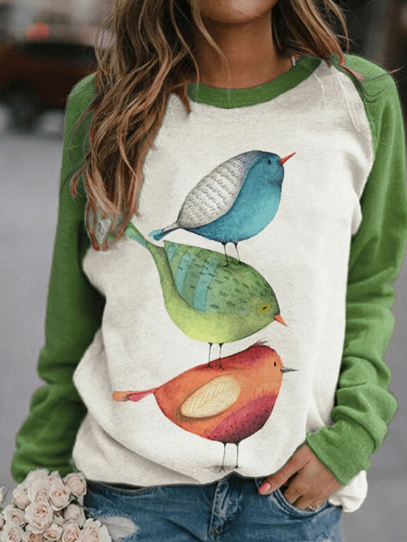 Vrouwen Cartoon Bird Print O-hals Raglanmouwen Pullover Sweatshirts