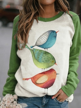 Vrouwen Cartoon Bird Print O-hals Raglanmouwen Pullover Sweatshirts