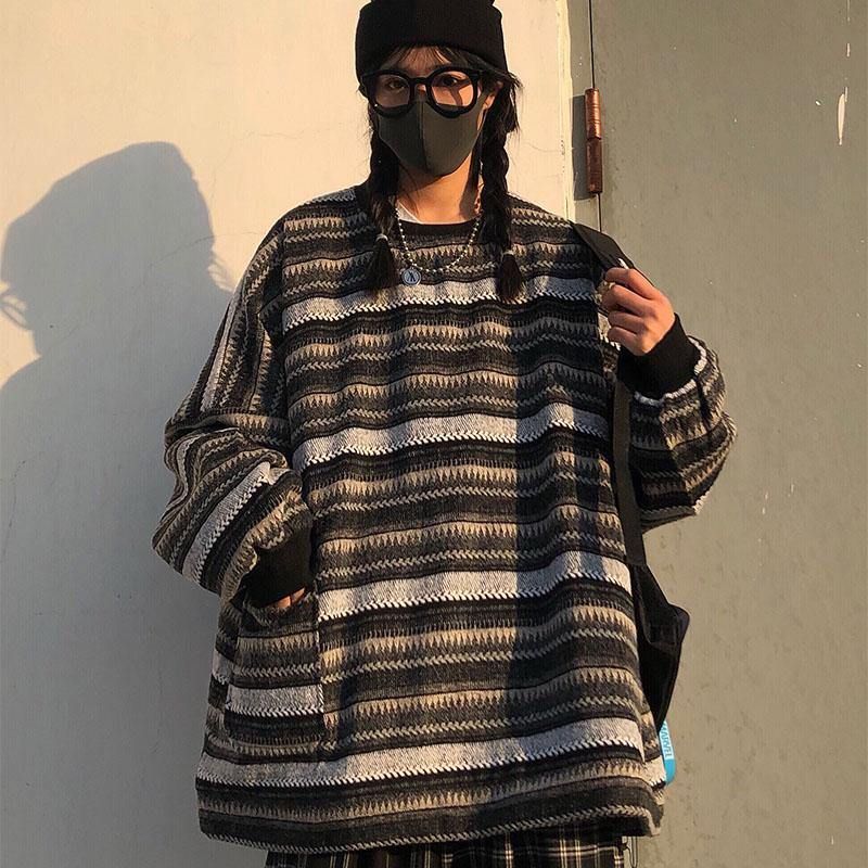 Vrouwen Oversize Ulzzang Bf Unisex Koppels Japanse Gestreepte Gebreide Trui Hiphop Vrouwelijke Nieuwe Winter Mode