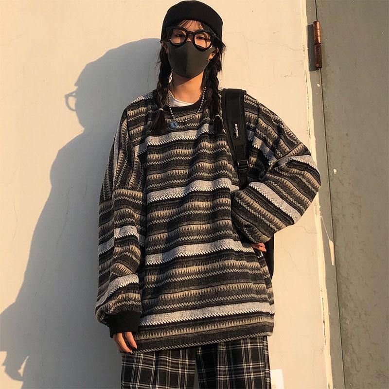 Vrouwen Oversize Ulzzang Bf Unisex Koppels Japanse Gestreepte Gebreide Trui Hiphop Vrouwelijke Nieuwe Winter Mode