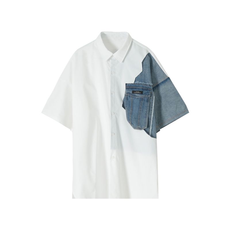 Wit Denim Overhemd Met Vierkante Hals En Korte Mouwen