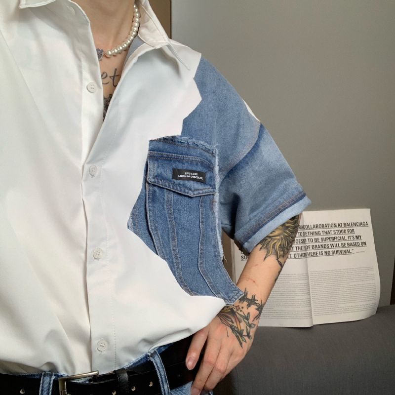 Wit Denim Overhemd Met Vierkante Hals En Korte Mouwen
