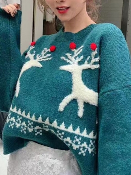 Dames Christmas Elk Patch Gebreide Truien Met Ronde Hals Drop Shoulder