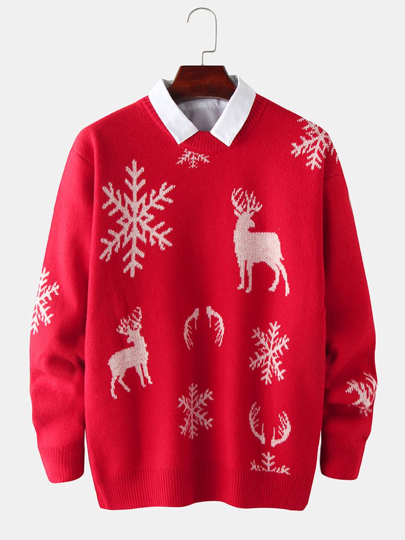 Heren Christmas Elk & Snowflake Graphics Breiende Truien Met Lange Mouwen