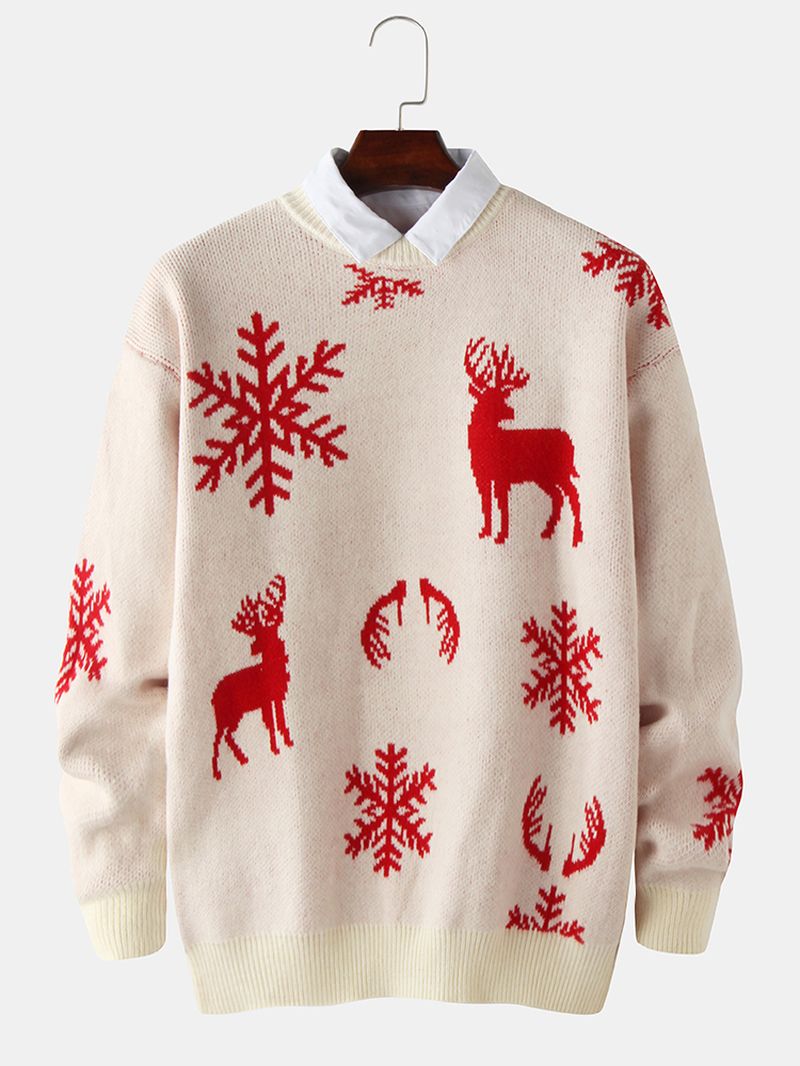 Heren Christmas Elk & Snowflake Graphics Breiende Truien Met Lange Mouwen
