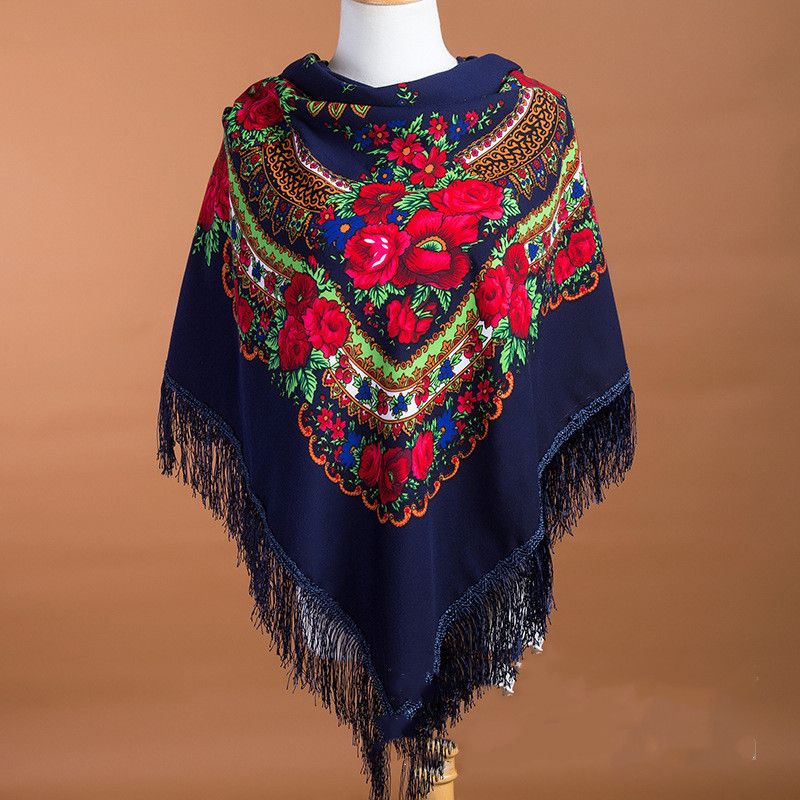 Grote Vierkante Sjaal Omslagdoek Met Kwastjes Met Etnische Print Om Warm Te Blijven
