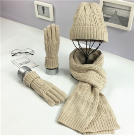 Mode Effen Kleur Twist Warme Muts Sjaal Handschoenen Set