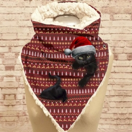 Vrouwen Leuke Cartoon 3d Zwarte Kat Fstive Kerst Sfeer Streeppatroon Warme Nekbescherming Sjaal