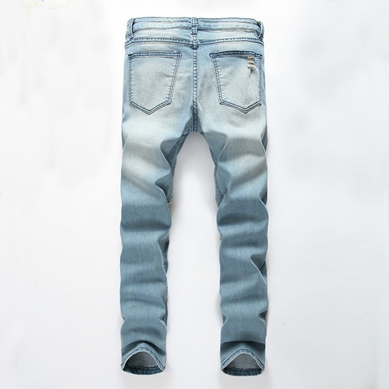Heren Gaten Mode Toevallige Rechte Benen Jeans Vintage Lichtblauwe Denim Broek