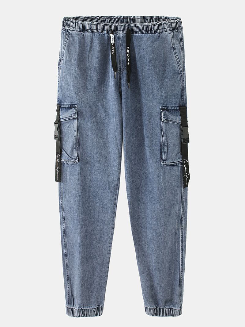 Heren Multi-pocket Casual Elastische Manchetten Trekkoord Beam Voeten Broek Jeans