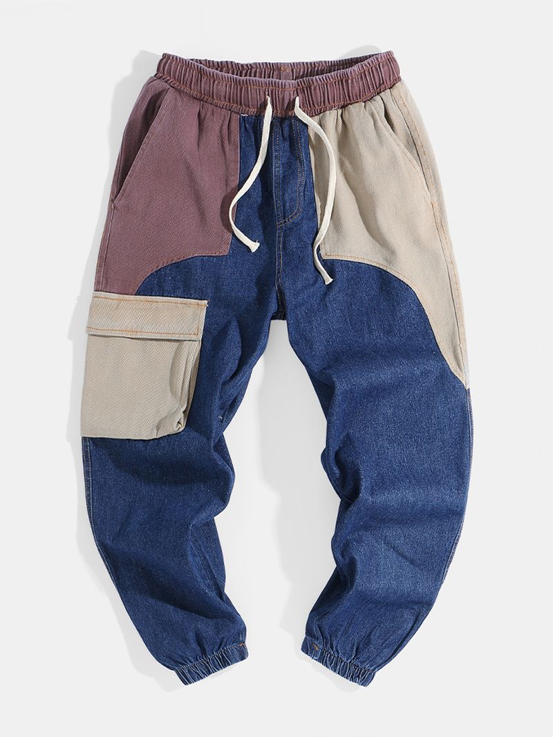 Heren Patchwork Multi Pocket Trekkoord Elastische Taille Losse Jogger Jeans