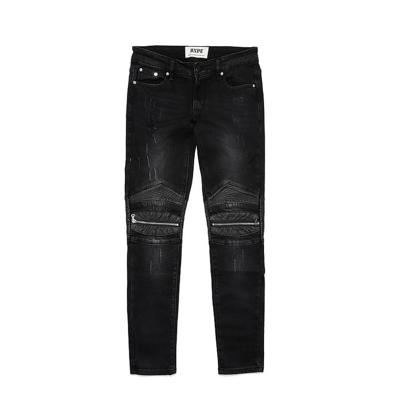 High Street Style Leather Patch Zipper Motorcycle Small Feet Slim Stretch Jeans