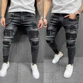 New Patch Ripped Elastic Skinny Jeans Voor Heren
