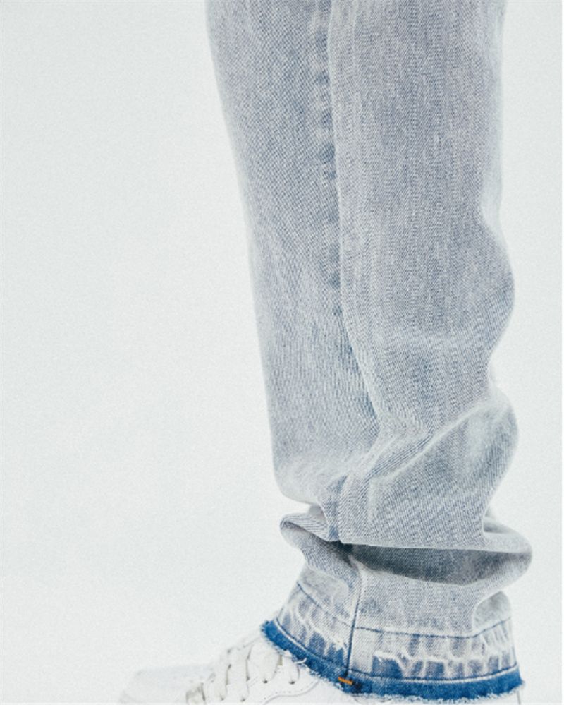 Verwassen Blauwe Gerafelde Rand Verontruste Geborduurde Straight-leg Jeans