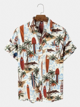 Heren 100% Katoen Hawaii Print Turn-down Kraag Korte Mouwen Shirts