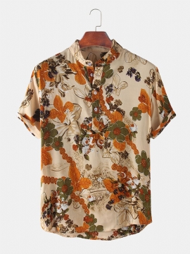 Heren Bloemen Bedrukte Opstaande Kraag Vakantie Casual Henley Shirts Met Korte Mouwen