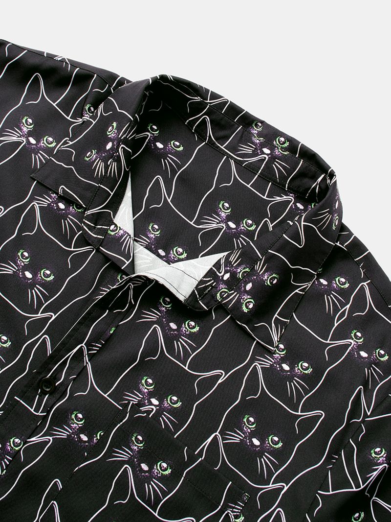 Heren Cartoon Zwarte Kat Print Lichte Casual Shirts Met Korte Mouwen