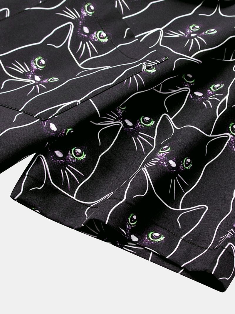 Heren Cartoon Zwarte Kat Print Lichte Casual Shirts Met Korte Mouwen