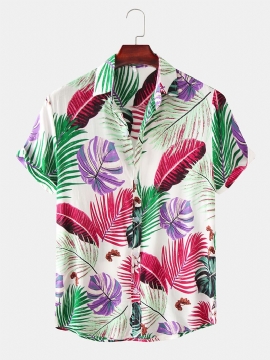 Heren Color Block Leaves Print Turn-down Kraag Hawaii Beach Shirts Met Korte Mouwen