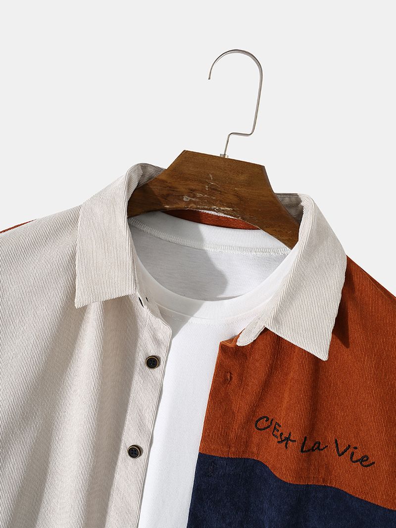 Heren Corduroy Casual Overhemden Met Kleurblokletterpatroon