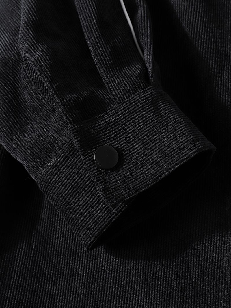 Heren Corduroy Contrast Bindende Revers Effen Zwarte Shirts Met Lange Mouwen