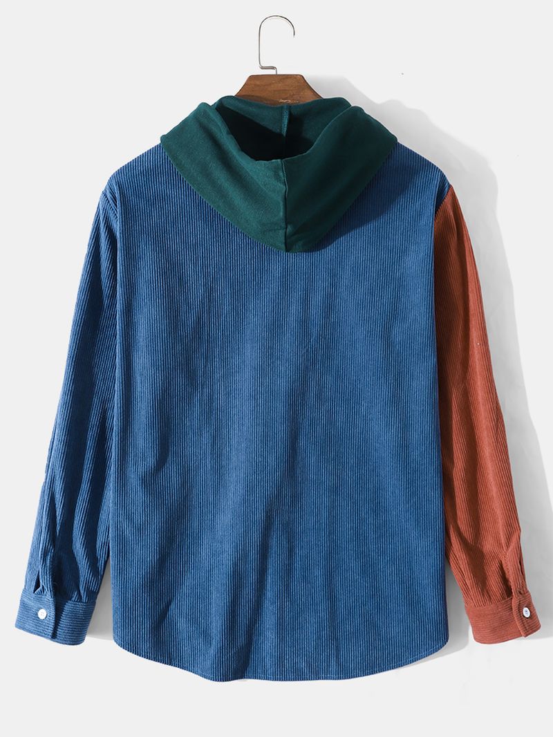 Heren Corduroy Patchwork Contrast Kleur Pocket Casual Hooded Shirt